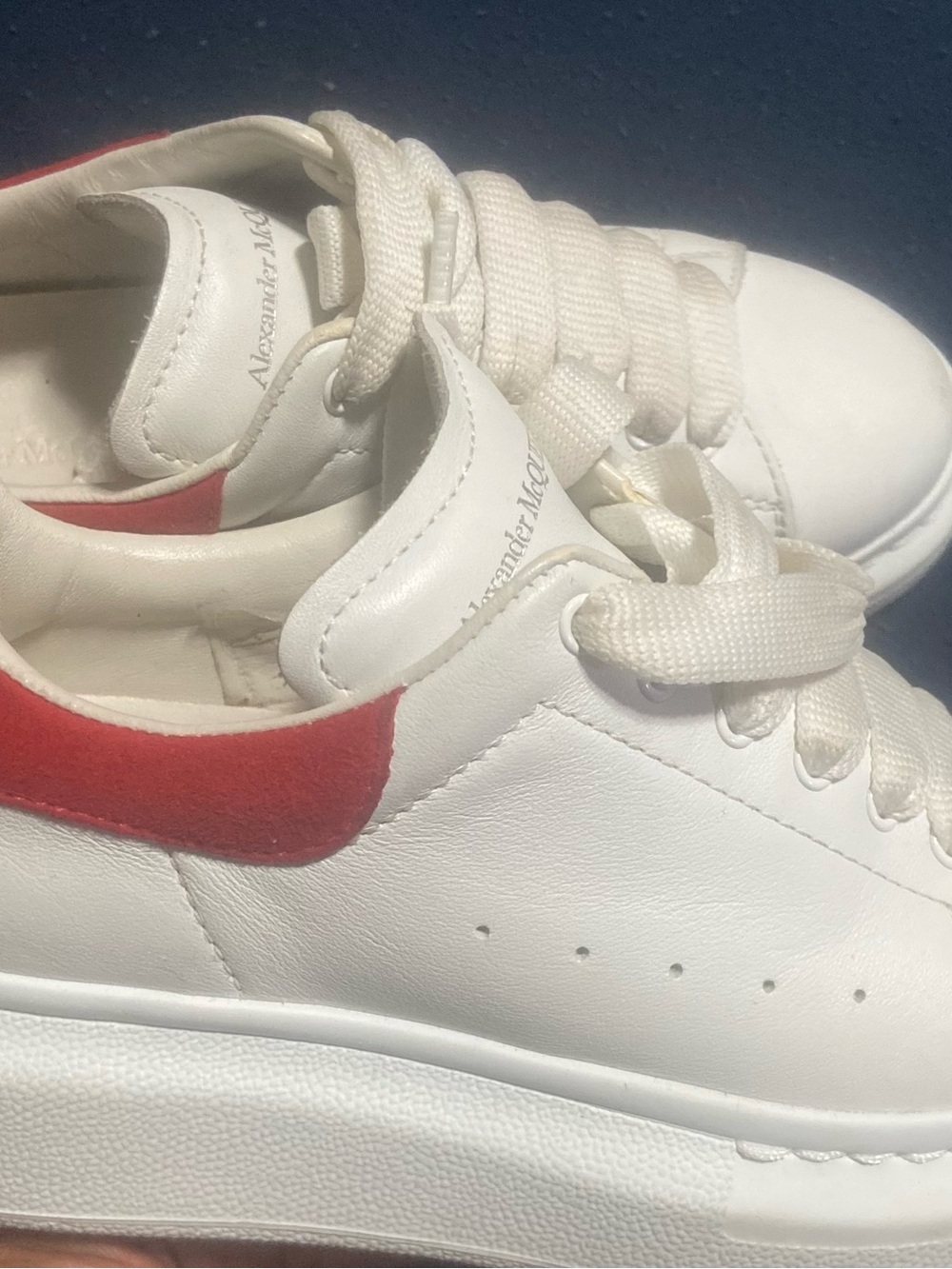 Alexander McQueen Kids White Leather Sneakers with Red Heel Accent